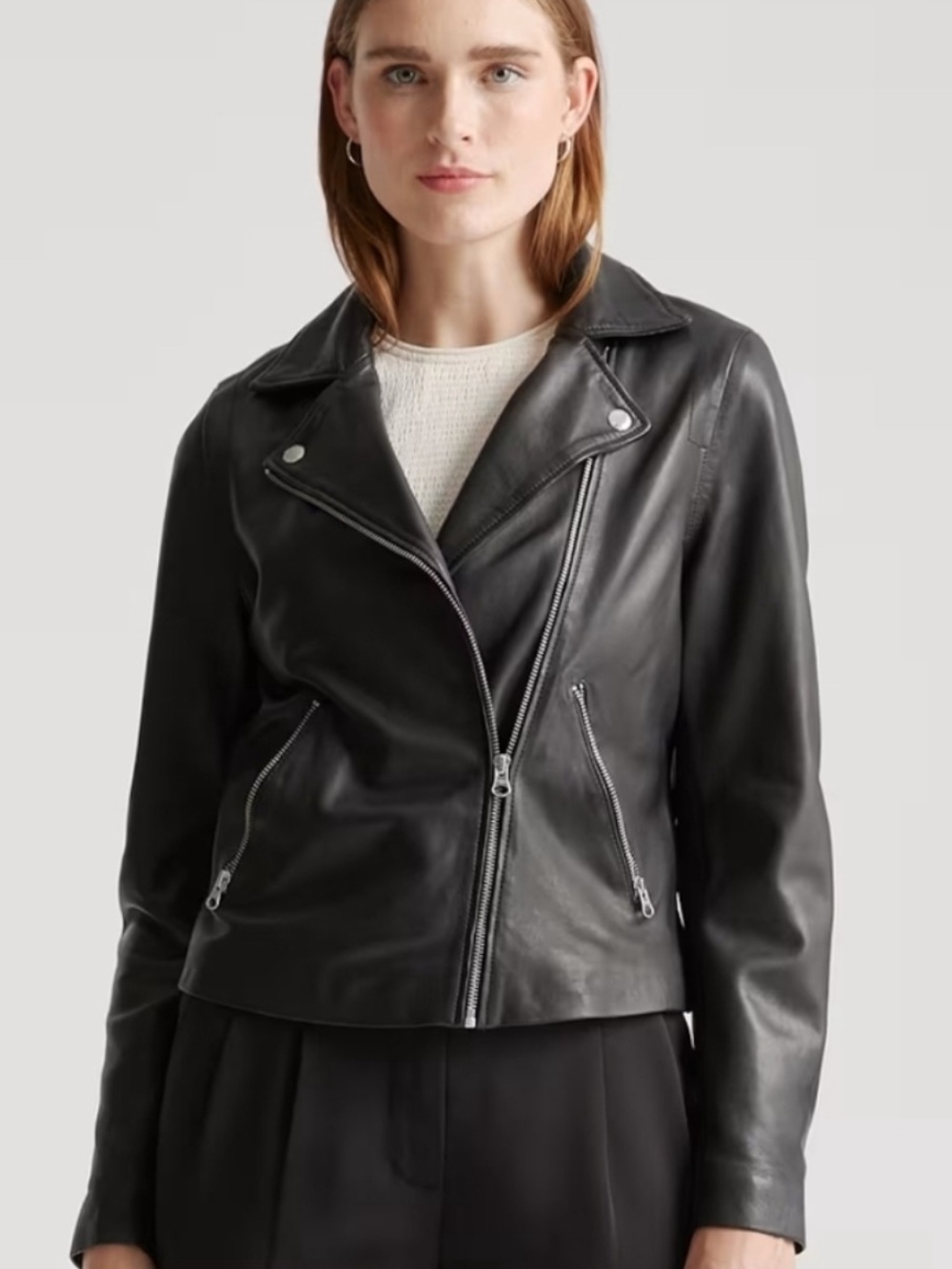 Quince Black Leather Asymmetric Moto Jacket Size XL